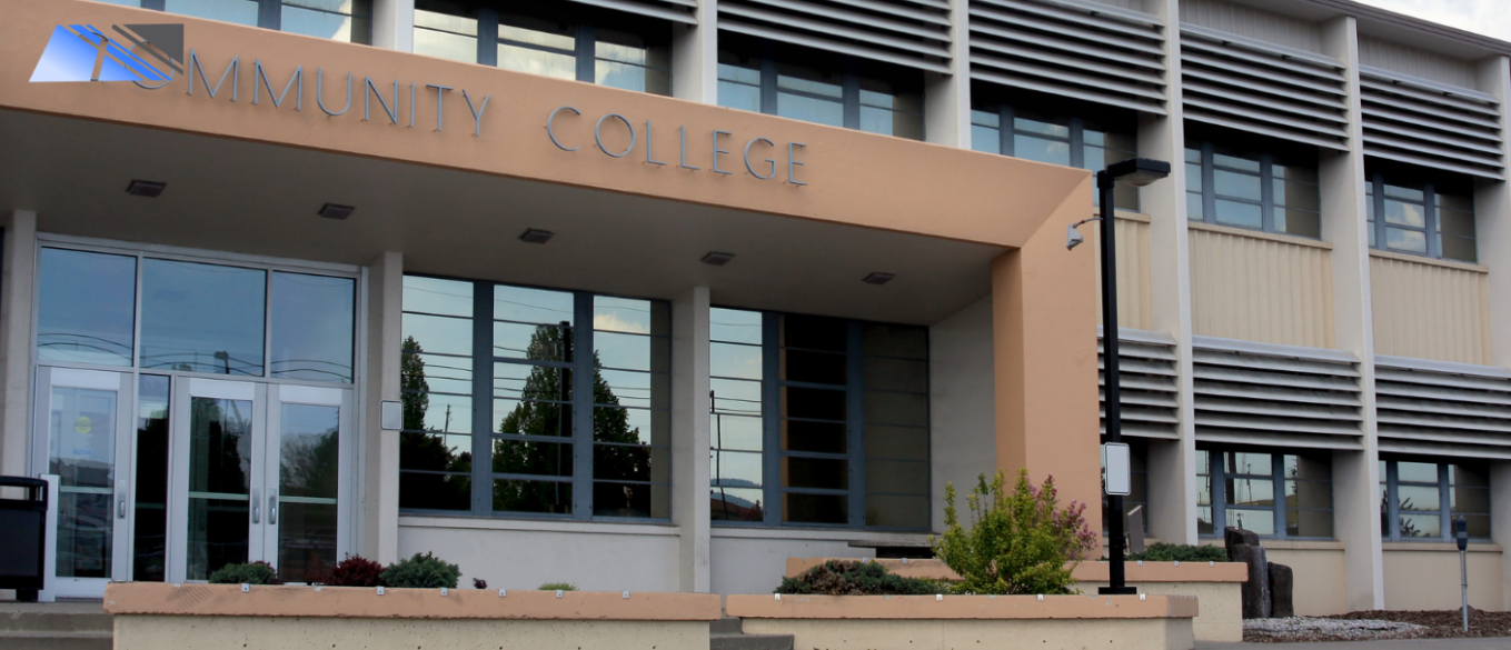 A community college entrance with glass doors and windows is presented as a prime candidate for C-Bond security window film.