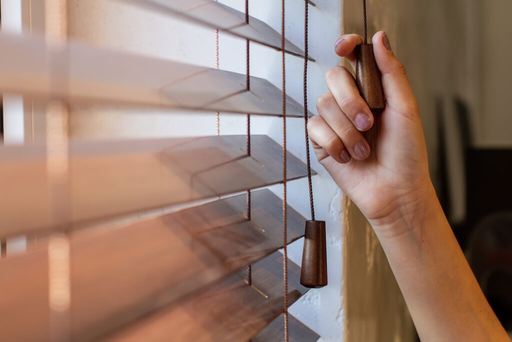 A beautiful set of wood-finished blinds. 