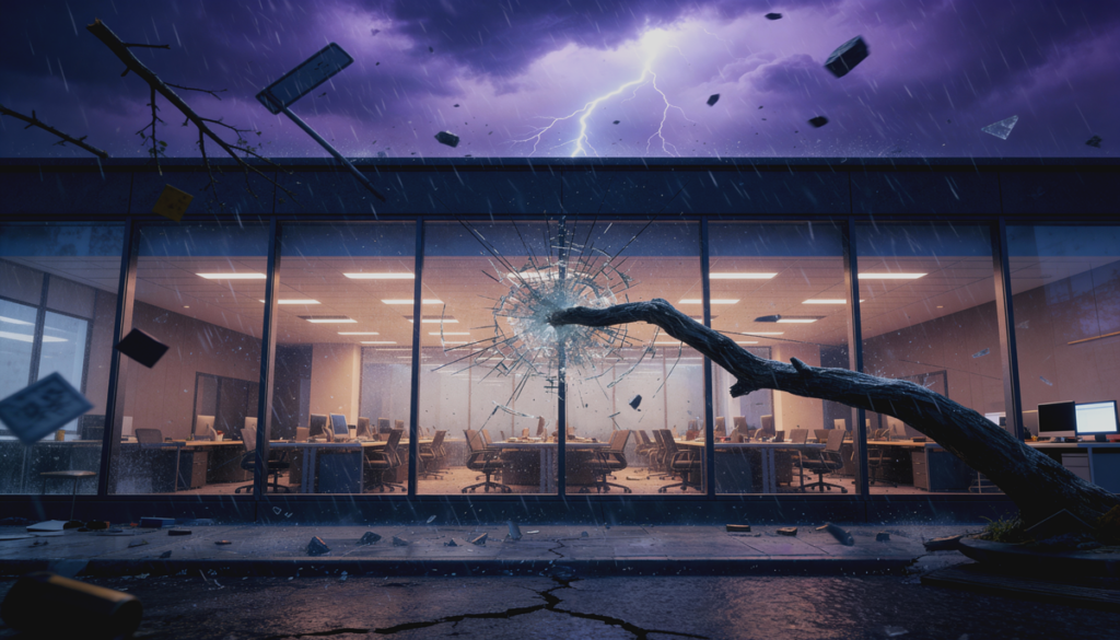 window without security film has a tree limb hitting it